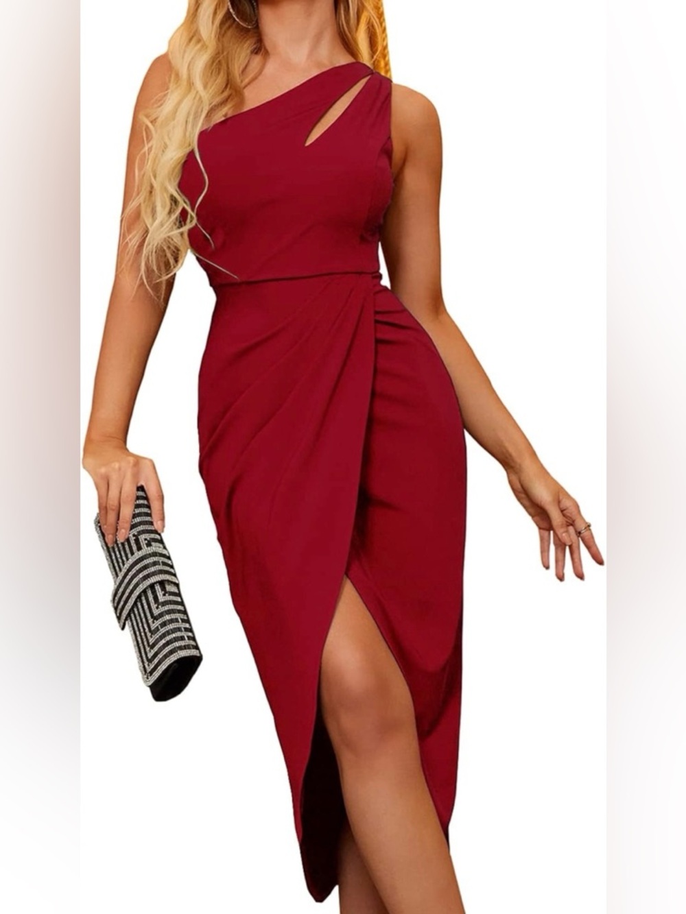 Red - One Shoulder Midi Dress Formal - Size M